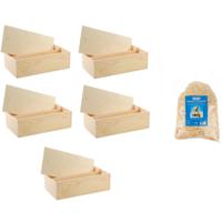 Houten wijnkistjes - 5x - met schuifdeksel - 35 x 20 x 11 cm - met houtwol - dubbel vaks