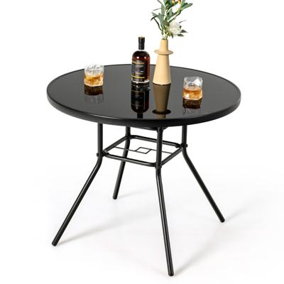 Ronde Tuintafel van Gehard Glas Bijzettafel voor Buiten met een Parasolgat van 3,5 cm Eettafel met Stevig Metalen Frame Zwart