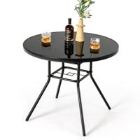 Ronde Tuintafel van Gehard Glas Bijzettafel voor Buiten met een Parasolgat van 3,5 cm Eettafel met Stevig Metalen Frame Zwart