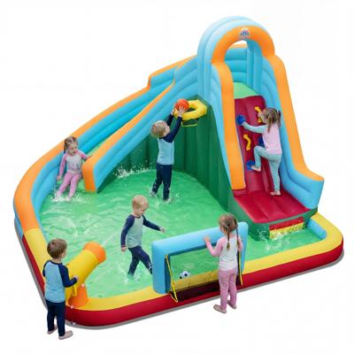 Opblaasbare Waterglijbaan Springkussen met Ballenbak Voetbal Basketbal Klimwand Plonsbad en Waterkanon Springkussen voor 3-12 Jaar