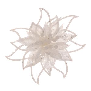 Decoratie bloem - op clip - wit - 14 cm - glitters - kunststof