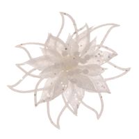 Decoratie bloem - op clip - wit - 14 cm - glitters - kunststof - thumbnail