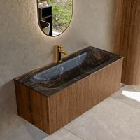 Badmeubel Mondiaz Kurve-Dlux | 110 cm | Meubelkleur Walnut | Wastafelkleur Lava | Solid surface | Midden spoelbak | 1 kraangat