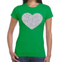 Feestkleding verkleedkleding t-shirt - met zilveren hartje - groen - voor dames - Glitter