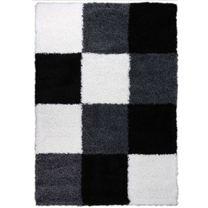 Hoogpolige vloerkleed shaggy plus 910 grijs/wit blokken patroon 5 cm poolhoogte 120 x 170 cm