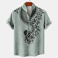 Etnisch Vintage Voor heren linnen overhemd Henley-shirt Korte mouw Dagelijks gebruik Vakantie Zomer Lente Mandarijn Kraag Band Kraag nappi 3D-afdrukken Medium Groen Khaki 20% linnen Lightinthebox