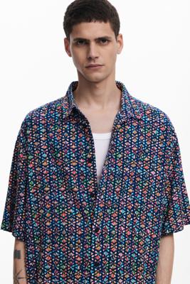 Kortemouw shirt met etnische borduursels - BLUE - XL