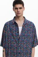 Kortemouw shirt met etnische borduursels - BLUE - M