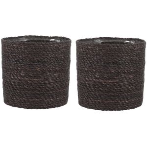 2x stuks naturel grijs rotan planten pot mand van gedraaid jute/riet H20 en D20 cm