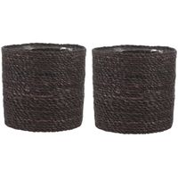 2x stuks naturel grijs rotan planten pot mand van gedraaid jute/riet H20 en D20 cm - thumbnail