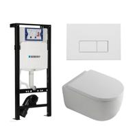 QeramiQ Dely Swirl Toiletset - 36.3x51.7cm - diepspoel - rimless - Inbouwreservoir met Geberit UP320 spoelmechanisme - 35mm zitting - mat witte metalen bedieningsplaat - rechtehoekige knoppen - wit mat SW1381697/SW706191/SW1000767/SW1026257