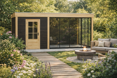 Blokhut Kampen 250x300 cm met overkapping 350x300 cm Douglas blank met vuren rabat wanden zwart (Incl. EPDM)- - - Van Kooten