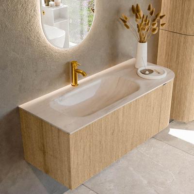 Badmeubel Mondiaz Kurve-Dlux | 115 cm | Meubelkleur Oak | Wastafelkleur Meli | Solid surface | Wasbak linker zijde spoelbak | 1 kraangat