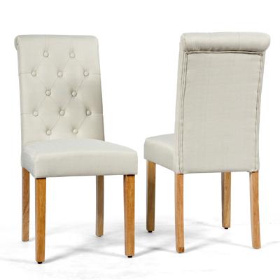 2-delige set van Knoopgestoffeerde Eetkamerstoelen Beklede Stoffen Stoelen met Rubberhout Poten Beige