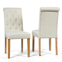 2-delige set van Knoopgestoffeerde Eetkamerstoelen Beklede Stoffen Stoelen met Rubberhout Poten Beige