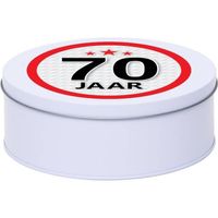 Wit bewaarblik/opbergblik 18 cm met 70 jaar sticker - Cadeaudoosjes - thumbnail