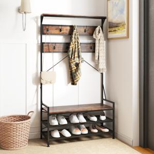 184 cm Kapstok met Schoenenrek Schoenenrek met Garderobe Kledingrek met Zitbank Incl. 11 Haken voor Hal Woonkamer Metalen Frame