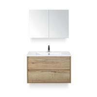 Porto Badmeubelset 90 cm - Natuur Eiken - Keramische Wastafel Wit Slim - met Spiegelkast