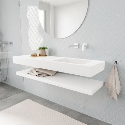 Mondiaz Alan badmeubel 150 cm solid suface planchet talc vrijhangend wastafel rechts zonder kraangat wit