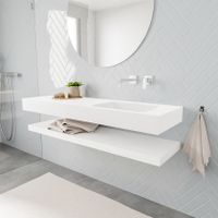 Mondiaz Alan badmeubel 150 cm solid suface planchet talc vrijhangend wastafel rechts zonder kraangat wit