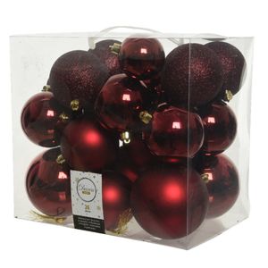 26x stuks kunststof kerstballen donkerrood (oxblood) 6-8-10 cm    -