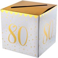 Enveloppendoos - Verjaardag - 80 jaar - wit/goud - karton - 20 x 20 cm - Feestdecoratievoorwerp - thumbnail