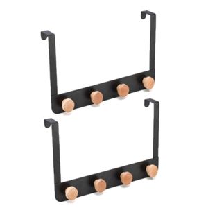 2x stuks badkamerdeur/kastdeur kapstokken zwart met 4 houten haken 35 cm