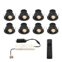 Set van 8 Medina LED Mini Inbouwspots met Trafo - 12 Volt 3 Watt 150 lumen - Dimbaar - Kantelbaar - Verzonken - Plat 35mm (Lage inbouwdiepte) - 2700K - IP44 waterdicht - Zwart