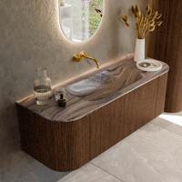 Badmeubel Mondiaz Kurve-Dlux | 130 cm | Meubelkleur Walnut | Wastafelkleur Sombra | Solid surface | Wasbak midden spoelbak | Zonder kraangat(en)
