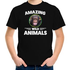 T-shirt chimpansee apen amazing wild animals / dieren zwart voor kinderen