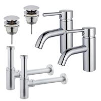 Fortifura Calvi Wastafelkraanset - voor dubbele wastafel - lage wastafelkraan - klikwaste plug - design sifon - Chroom 2x SW377810/2x SW696203/2x SW696214