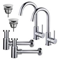 Fortifura Calvi Wastafelkraanset - voor dubbele wastafel - hoge wastafelkraan - draaibare uitloop - always open plug - verlaagde design sifon - Chroom 2x SW809346/2x SW696209/2x SW696219