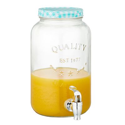 Glazen drankdispenser/limonadetap met blauw/wit geblokte dop 3,5 liter