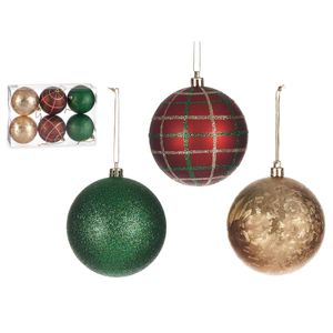 Gedecoreerde kerstballen - 6x st - rood/groen/goud - kunststof - 8 cm