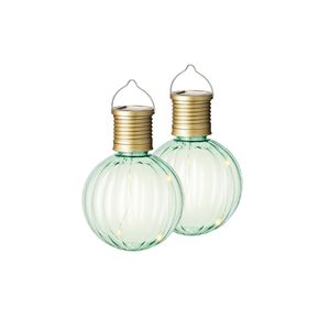 2x Buiten Led groene lampion solar verlichting 11 cm   -