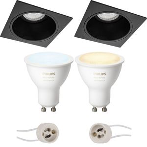 Pragmi Minko Pro - Inbouw Vierkant - Mat Zwart - Verdiept - 90mm - Philips Hue - LED Spot Set GU10 - White Ambiance - Bluetooth