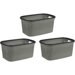 Wasmand van rotan gevlochten - 3x - grijs - kunststof - 36 liter - 53 x 36 x 25 cm