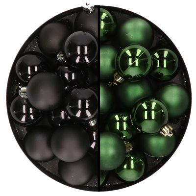 32x stuks kunststof kerstballen mix van zwart en donkergroen 4 cm