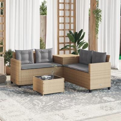 Tuinbank met tafel en kussens L-vormig poly rattan beige