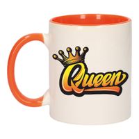 Koningsdag Queen met kroon mok/ beker oranje wit 300 ml - thumbnail