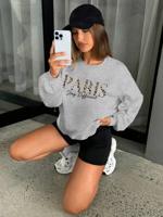 Bon&Bon PARIS Women's Leopard Print Oversized Long Sleeve Hoodie Light Grey / M