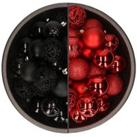 74x stuks kunststof kerstballen mix rood en zwart 6 cm - thumbnail