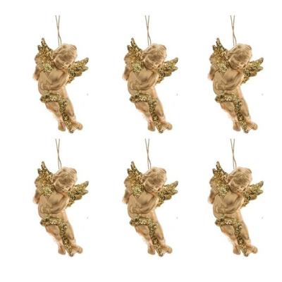 Decoris engel met lute - 6x - goud - kunststof - 10 x 6 cm - kerstversiering - hangdecoratie