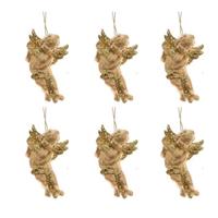 Decoris engel met lute - 6x - goud - kunststof - 10 x 6 cm - kerstversiering - hangdecoratie