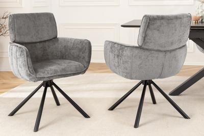 Draaibare Retro Stoel UNIEK Grijs Chenille Zwart Metalen Frame met Armleuning - 46321