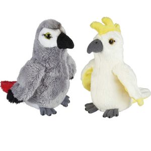 Tropische vogels pluche knuffels 2x stuks - Kaketoe en Papegaai van 15 cm