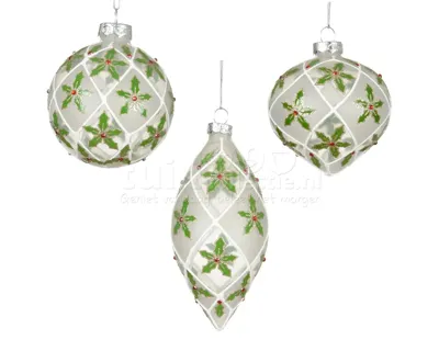 Kerstbal Glas Ruit Hulst Ø8cm Assorti 1st