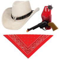 Carnaval verkleedset luxe model cowboyhoed Rodeo - creme wit - hals zakdoek/revolver - voor volwasse