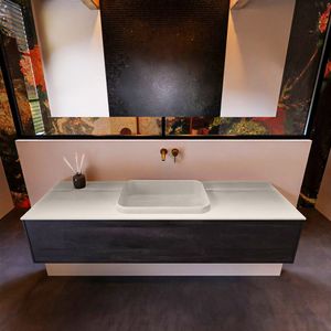 Badkamermeubelset Mondiaz Erin 150 cm met 1 Lade met RIDGE Wastafel Midden Linen Zonder Kraangaten Greeploos Mat Antracite
