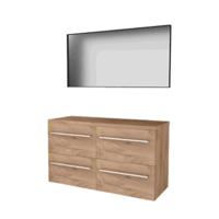 Basic-Line Framed 46 Badkamermeubelset - 120 x 46 cm - Met Grepen - 4 Lades - Wastafelblad - Spiegel met Zwart Aluminium Frame - Whisky Oak